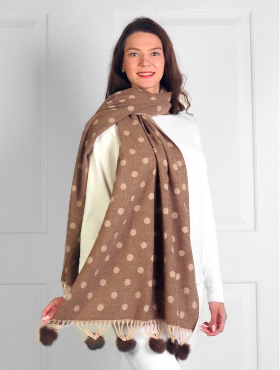 Cashmere Feeling Polka-dot Scarf with Pom Pom 